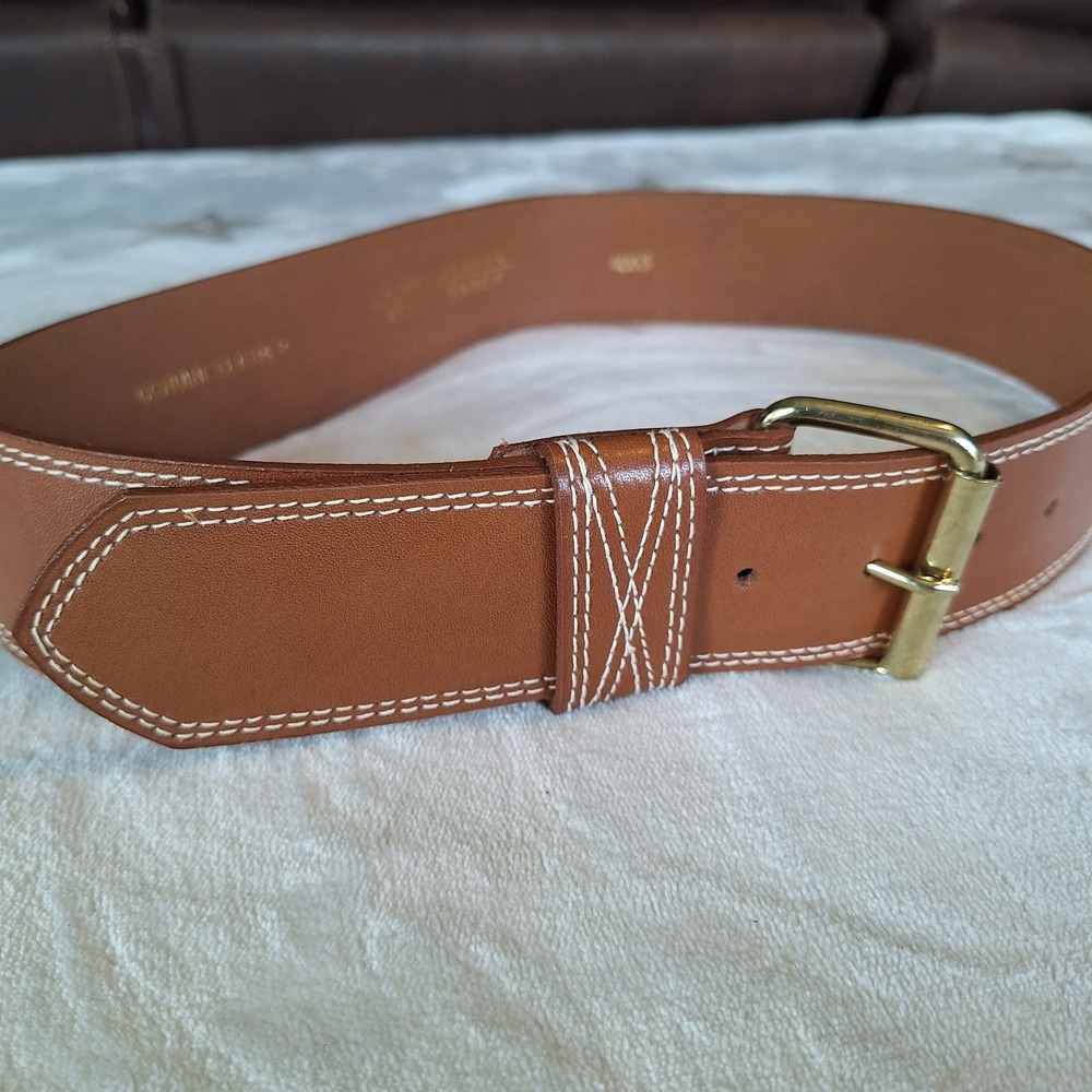 Linda Allard For Ellen Tracy Size 14 Wide Tan Leather Belt Ran Top Stitched Y2K